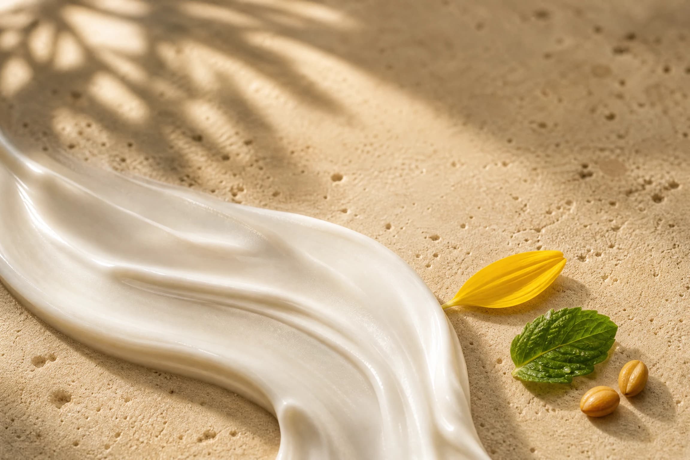 A soft ribbon of white cream on warm stone with arnica, peppermint, and jojoba
