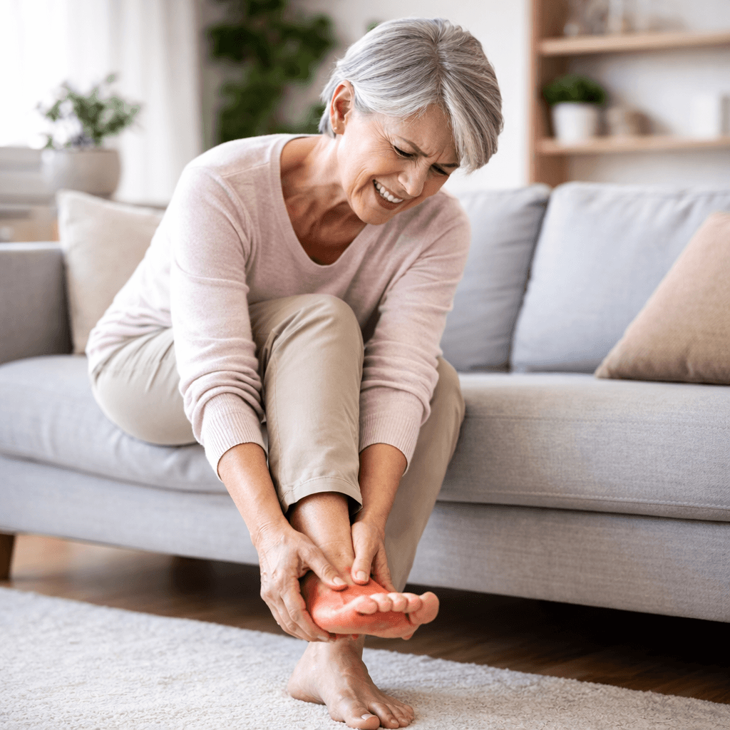 Woman sitting on the couch at home with tired, aching feet
