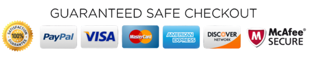 Guaranteed safe checkout with 100% satisfaction guarantee, accepting PayPal, Visa, Mastercard, American Express, and Discover, secured by McAfee